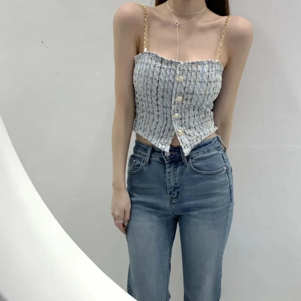 2026 New Chic Korean Style One Shoulder Chain Strap Vest Women's Outerwear with Chest Pad Fishbone Top Zipper Closure