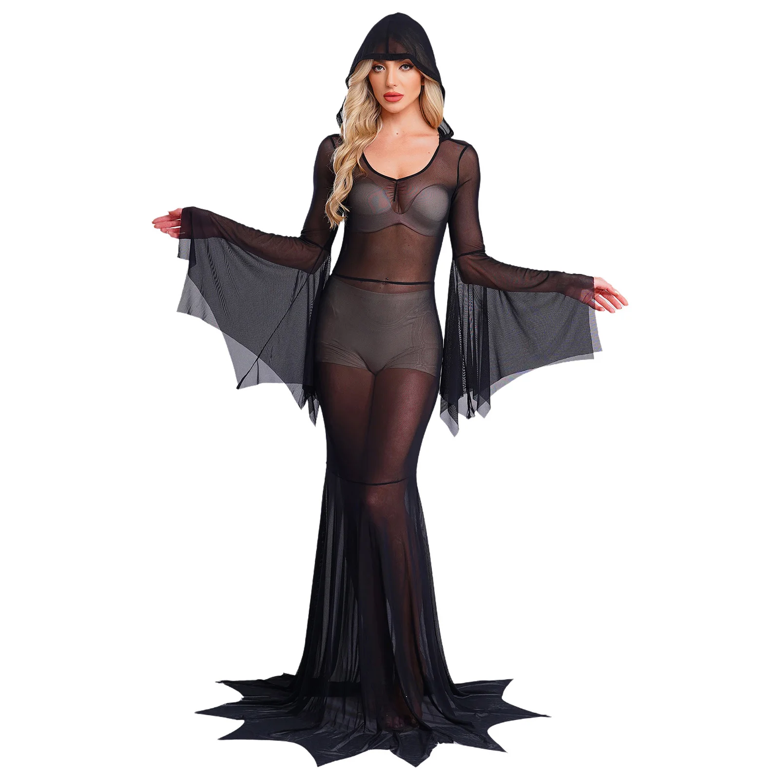 

Adult Women Lingerie Transparent Mesh Dress Hooded Long Sleeve Bikini Cover Maxi Dress for Erotic Role Play Dating Nightwear