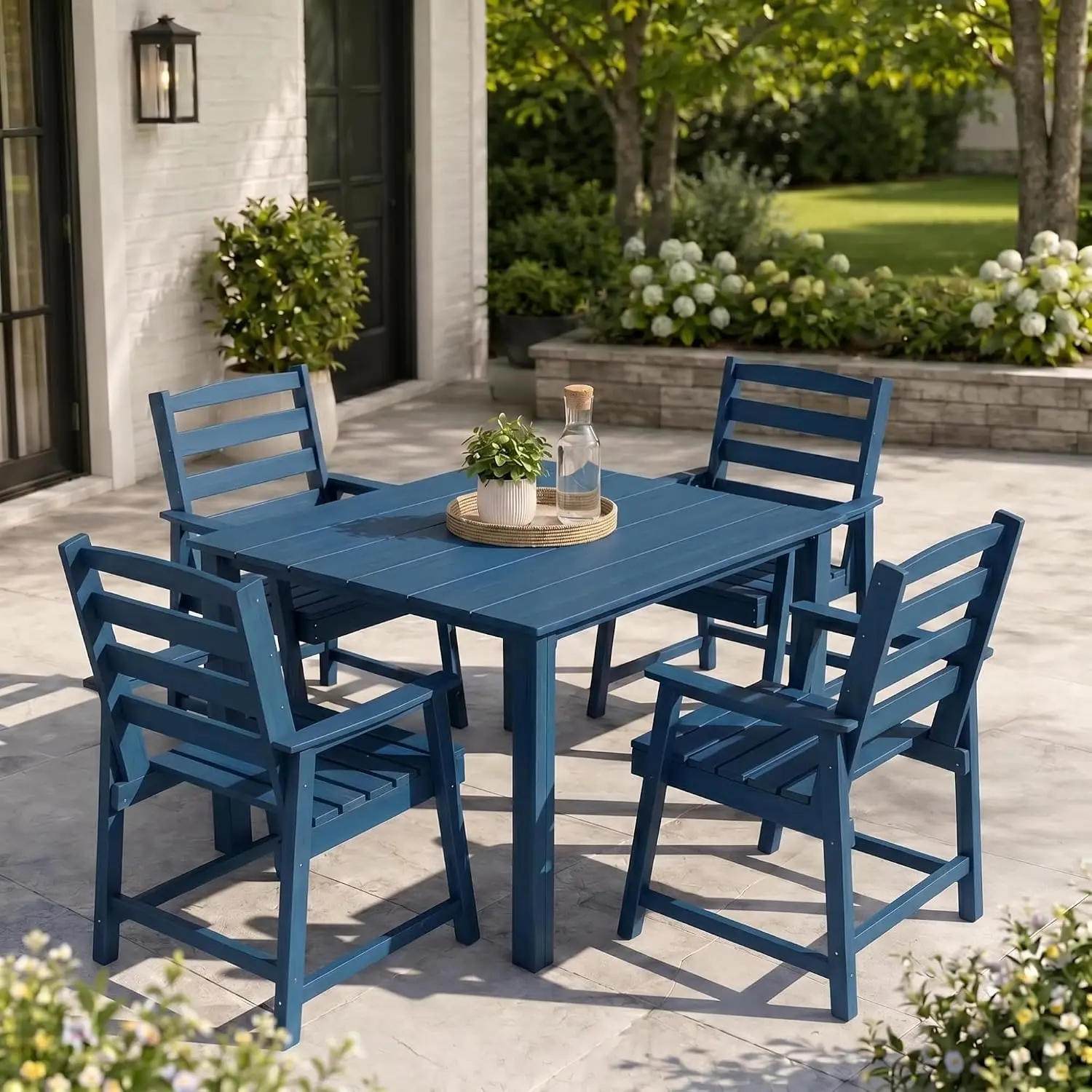 5-Piece HDPE Outdoor Dining Set Square Table & Chairs for 4 All Weather Umbrella Hole Patio Poolside Deck, Customized