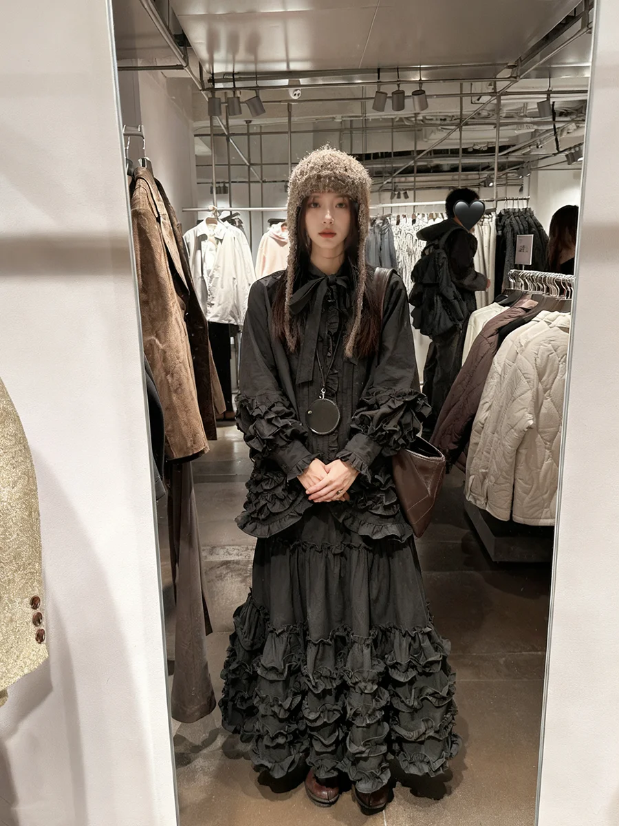 Lace Trim Black Shirt And Skirt Set Women's Loose Fit Long Sleeve  Collar Commute Style Regular Thickness Pure Color