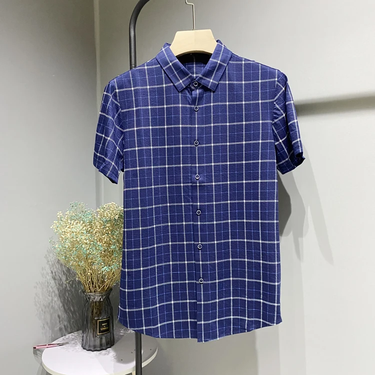 

Классическая вязаная рубашка в клетку для мужчин, летняя, новая, дышащая, приятная к коже, приталенная, для повседневной носки, тонкая, с воротником-стойкой