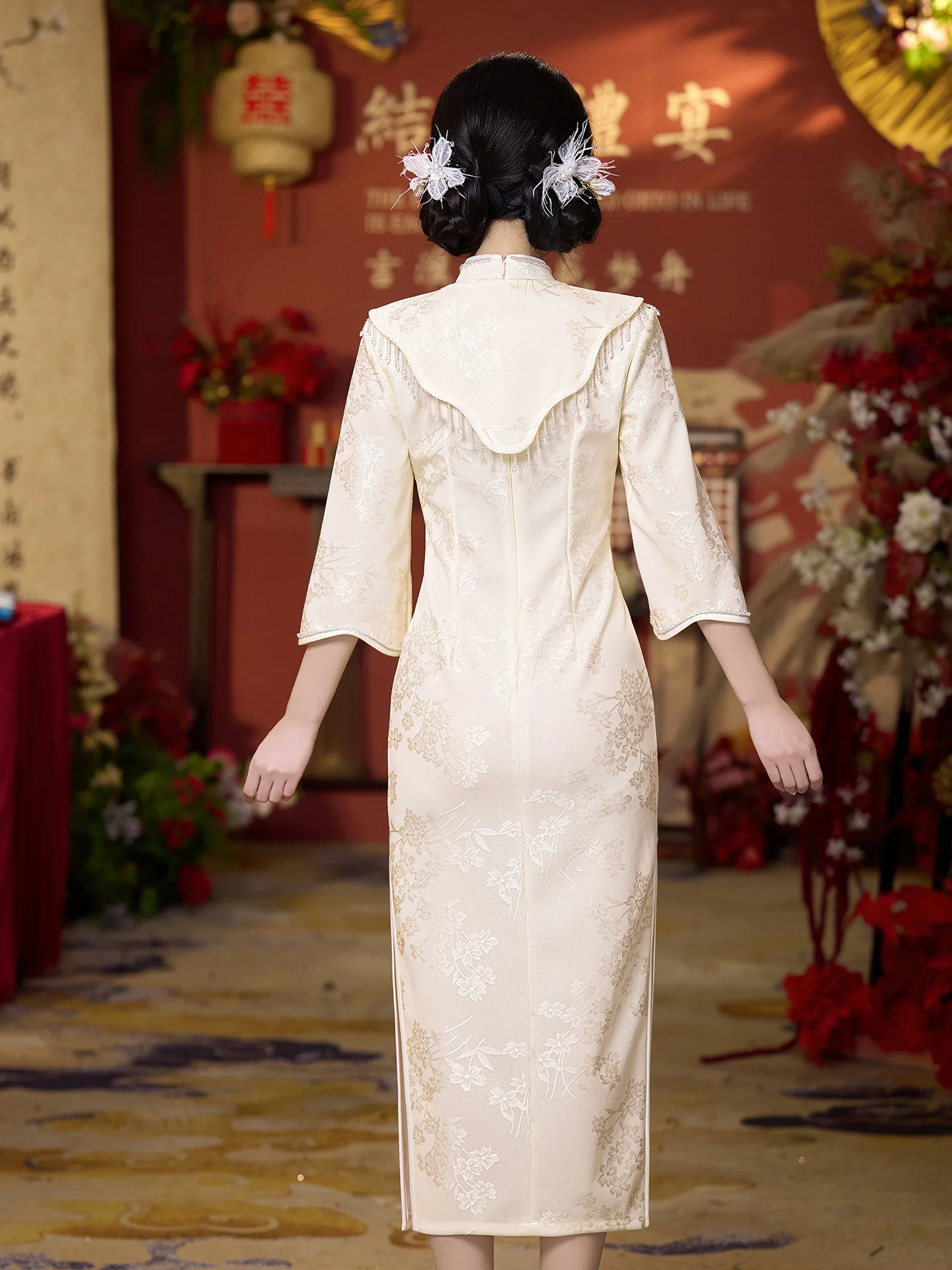 Summer Three-quarter Sleeve Lace Cheongsam Slit Bridal Banquet Qipao Chinese Style Evening Wedding Dress for Women