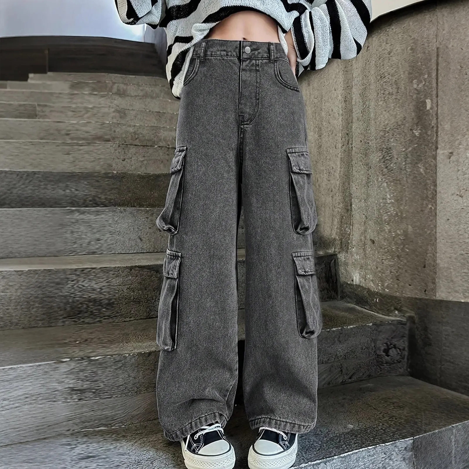 Jeans a vita alta streetwear stile americano per ragazza moda baggy Y2K pantaloni in denim multitasche a gamba larga abiti femminili