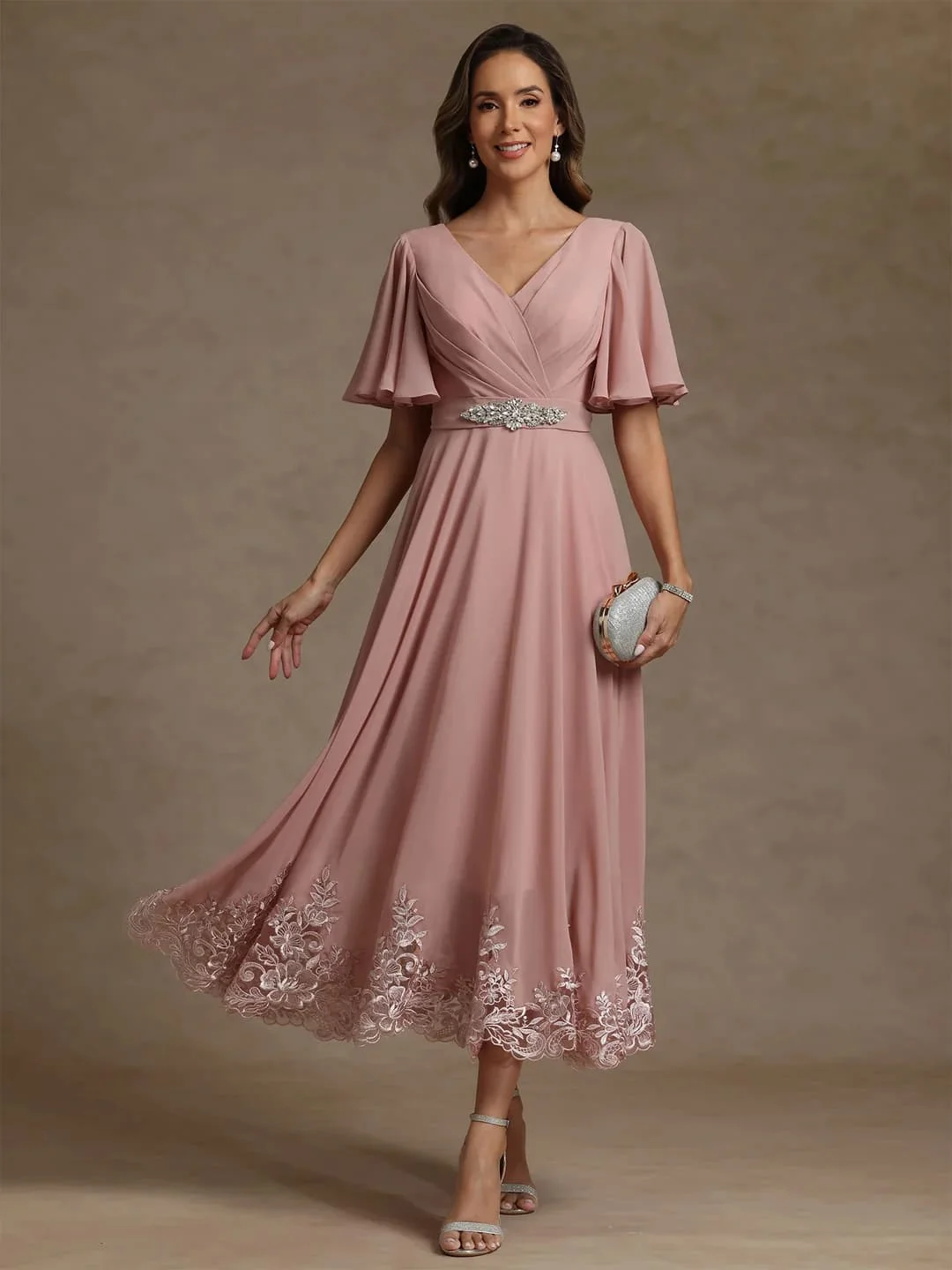 Customized Midi Dress Chiffon Mother of the Bride Dress Crystal Belt V Neck Flutter Sleeve A Line Evening Party Dresses