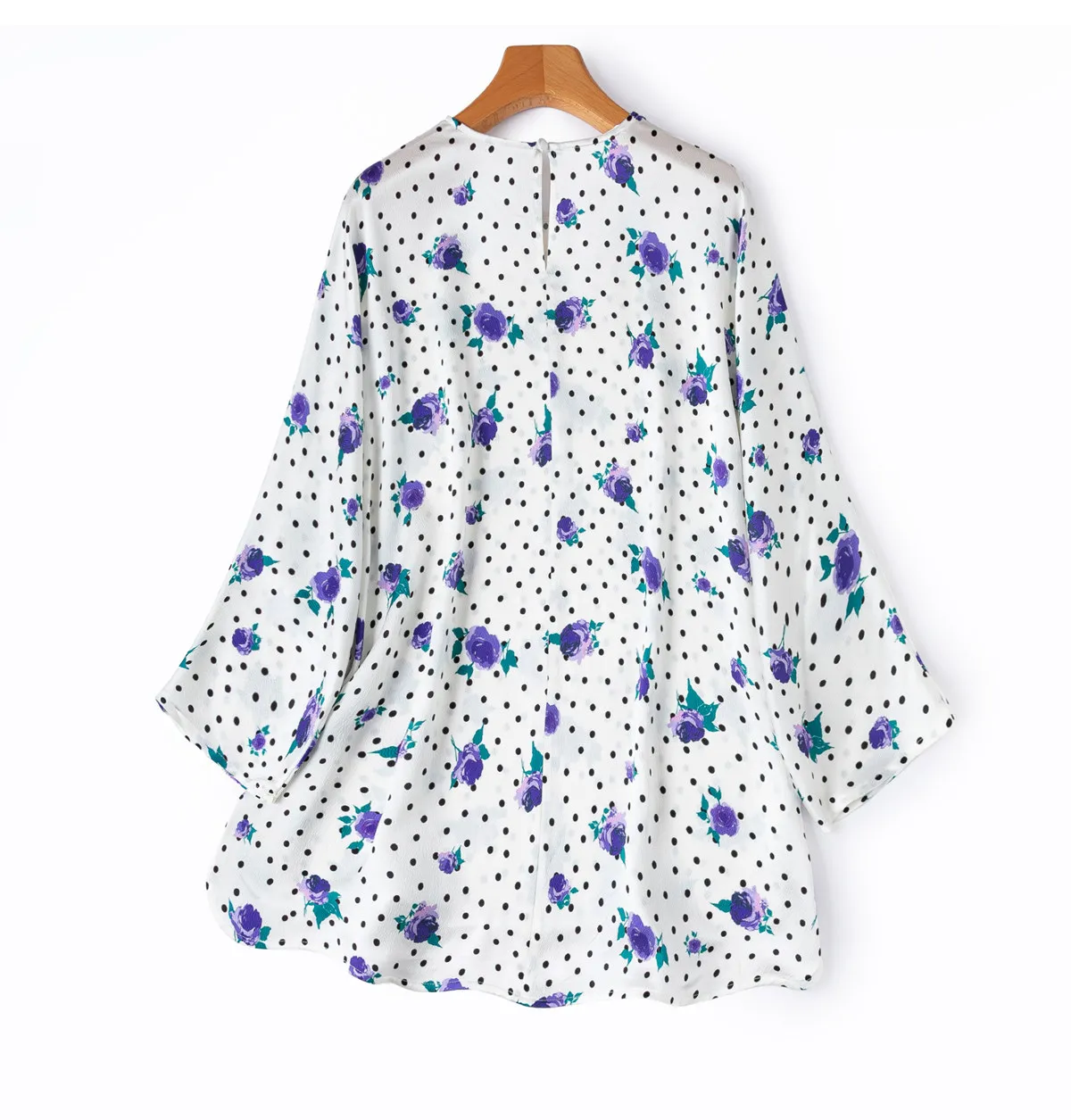 BirdTree-93%Silk 7%Spandex Elegant T-Shirt, O Neck Dot Floral Print, Women Hong Kong Style Loose Top, 2026 Summer New T65765CC