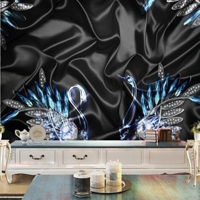 MU9130 Black noble silk satin blue jewelry swan background wall TV background wall