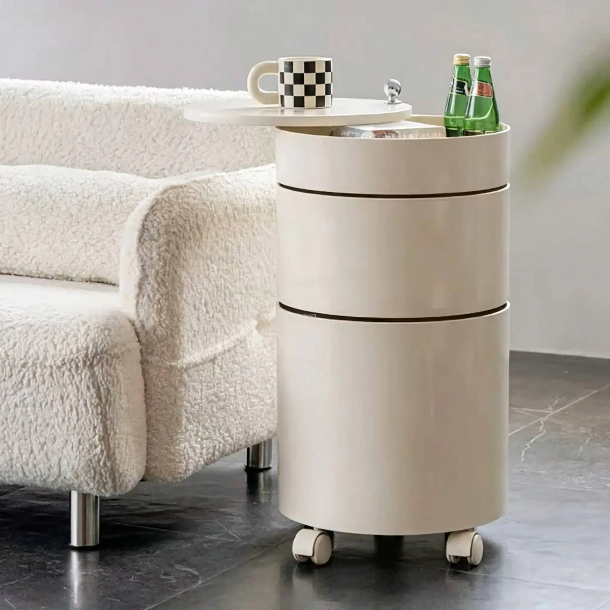 Simple Bedside Rotating Living Home Nordic Table Modern Plastic Bedroom Furniture Wheeled Nightstands Room Storage Side Cabinet
