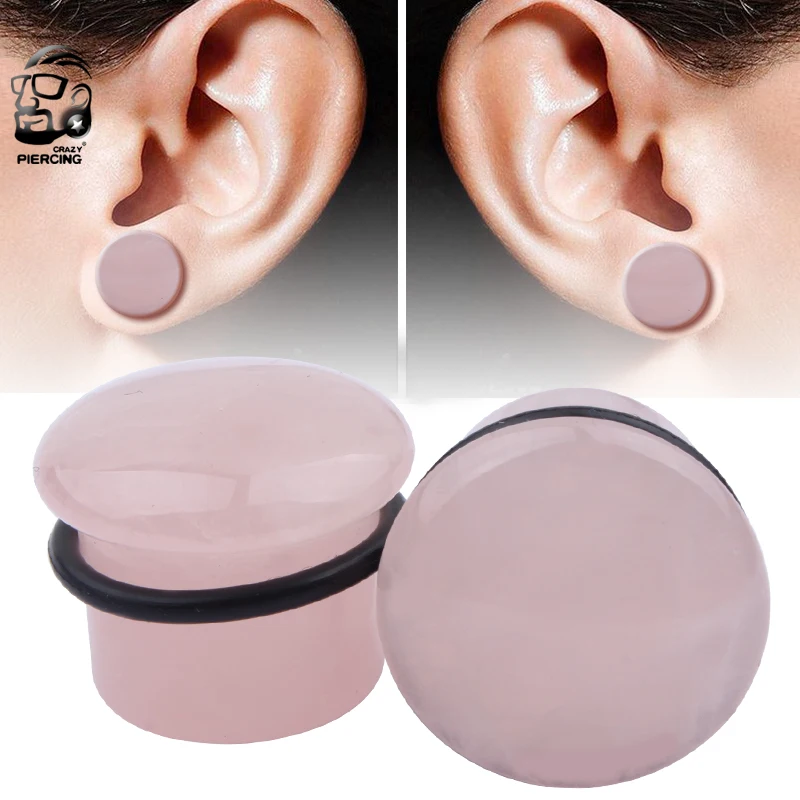 2pcs Rose Quartz Stone Natural Ear Plugs and Tunnels Single Flared Stone Earring Piercings Ear Gauges Expander Body Jewelry Gift