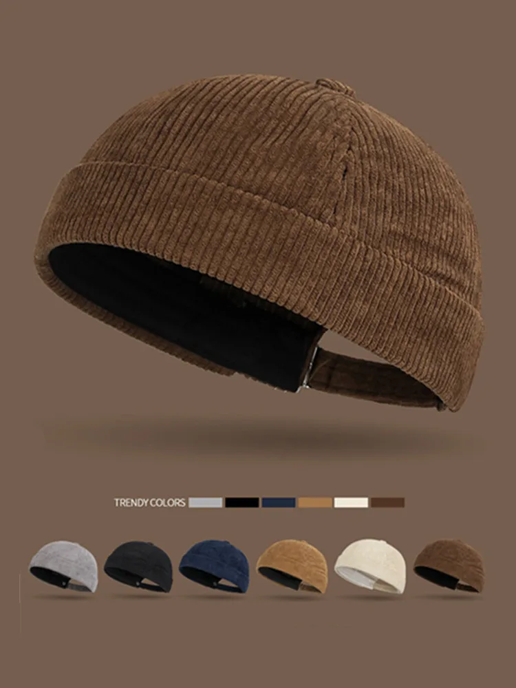 Einfarbige Melonen-Rindmütze mit klobiger Struktur, Street-Retro-Mütze im Tang-Stil, trendige Hip-Hop-Vermütze aus Cord – Detail 1