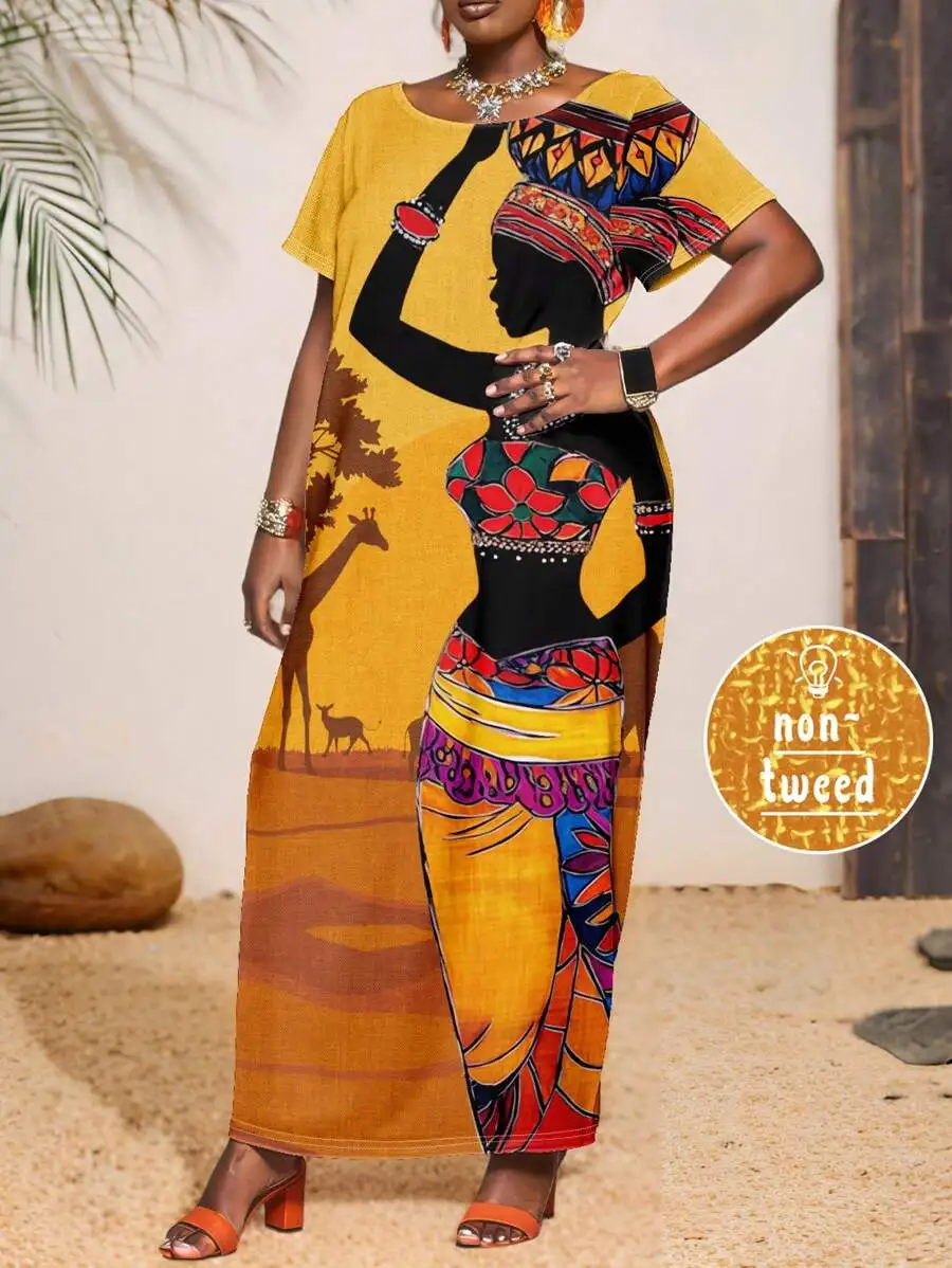 

Vibrant African-Inspired Graphic Print Maxi Dress with Short Sleeves
