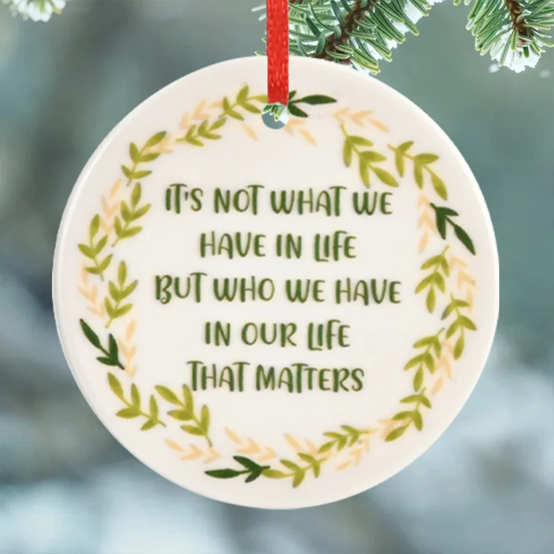 

1 Inspirational Ceramic Ornament with Red Rope - 3 Inch Round Farmhouse Decor, White and Green Holiday Design