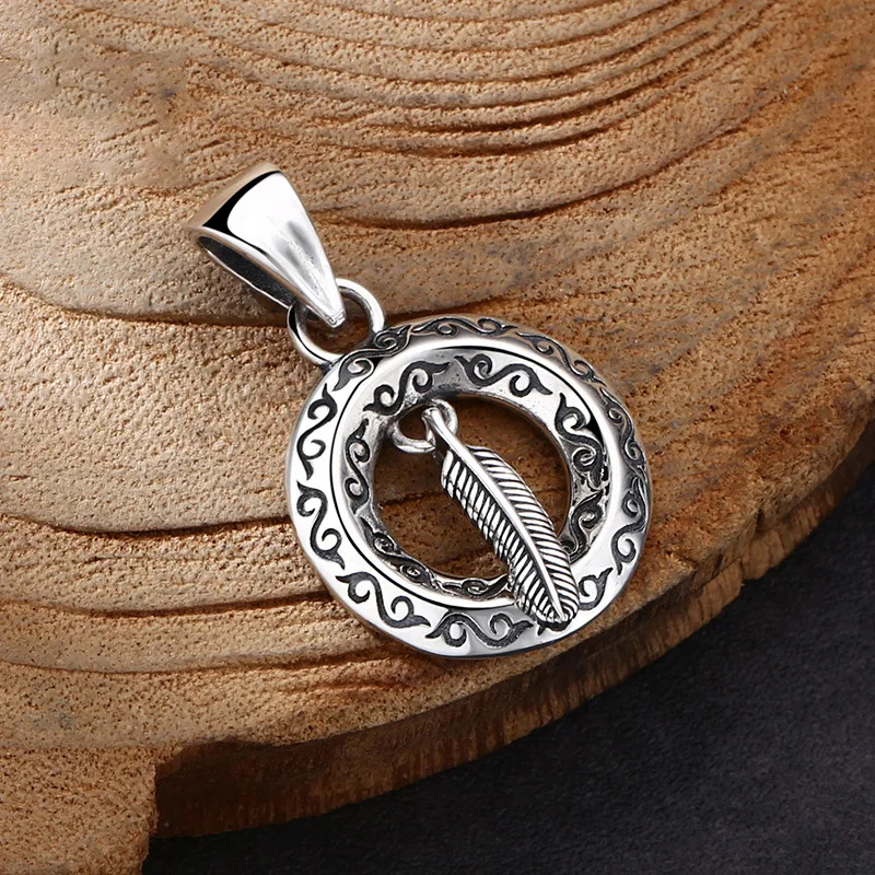S925 Sterling Silver Feather Pendant Black Color Old Process Round Design Unisex Jewelry FYNE355