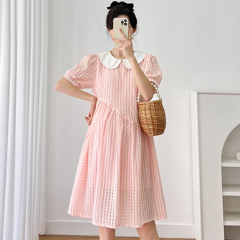 

Sweet Peter Pan Collar Puff Sleeve High Waist Maternity Dobby Dress Fashion Pregnant Woman Elegant Clothes Princess Party Dress