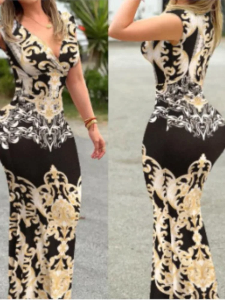 

Summer Women's Sexy V-neck Sleeveless Printed Hip-pack Long Dress Fashionable Casual Slim Women's Long Dress Females