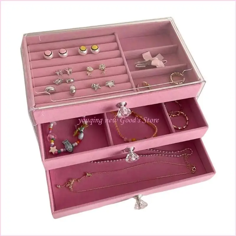 

57QA Plastic Velvets Jewelry 3 Drawers Stackable Display Case for Earrings Necklace Bracelets Accessories Holder