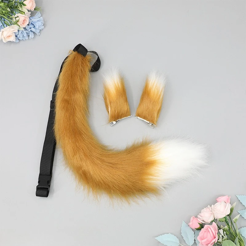 Halloween Anime Faux Fur Cat Fox Wolf Furry Tail and Clip Ears Party Costume Accessories 60cm Length Tails