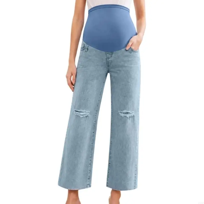 Over Belly Maternity Jeans with Light Blue Color and Straight Leg