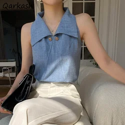 Blouses Women Summer Sleeveless Daily Casual Simple Leisure Vintage Design Korean Style Elegant Fashion Solid Pure All-match New