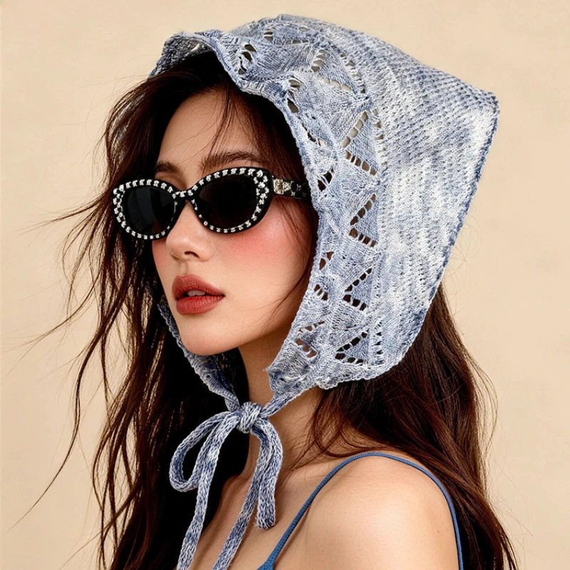 

Ins Fresh Pastoral Style Hollow Out Hook Triangle Hair Scarf for Women Spring Summer Travel Leisure Versatile Sweet Pullover Hat