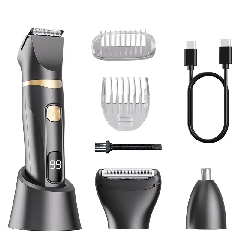 Men's Electric Shaver, Three-in-One Multi-Functional Body Hair Trimmer and Pubic Hair Trimmer, Titanium Alloy Blades (No Scratches!), IPX7 Level Waterproof Electric Shaver, LED Display, Dry and Wet Dual-Purpose