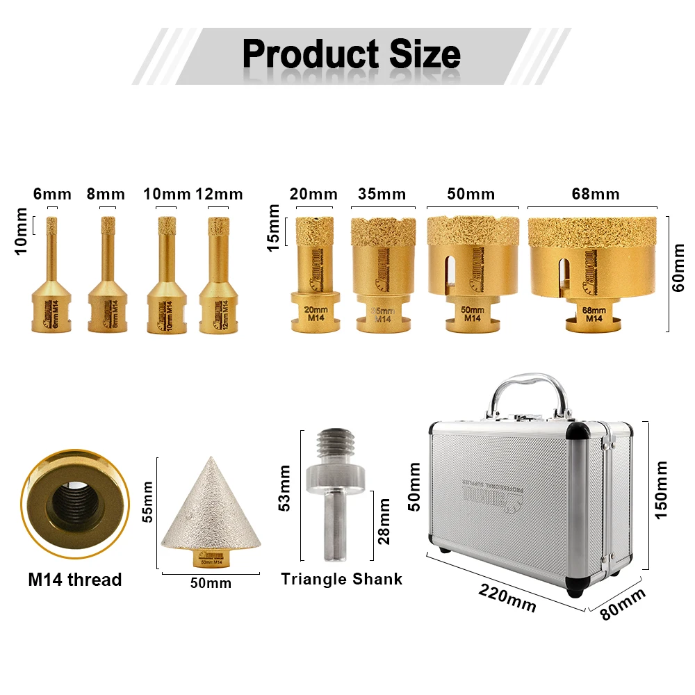 Imagem -03 - Shdiatool-kit de Broca de Núcleo de Telha Diamante Buraco Saw Chanfradura Bits Grinder Cutter Porcelana Granito Mármore Coroas de Cerâmica M14