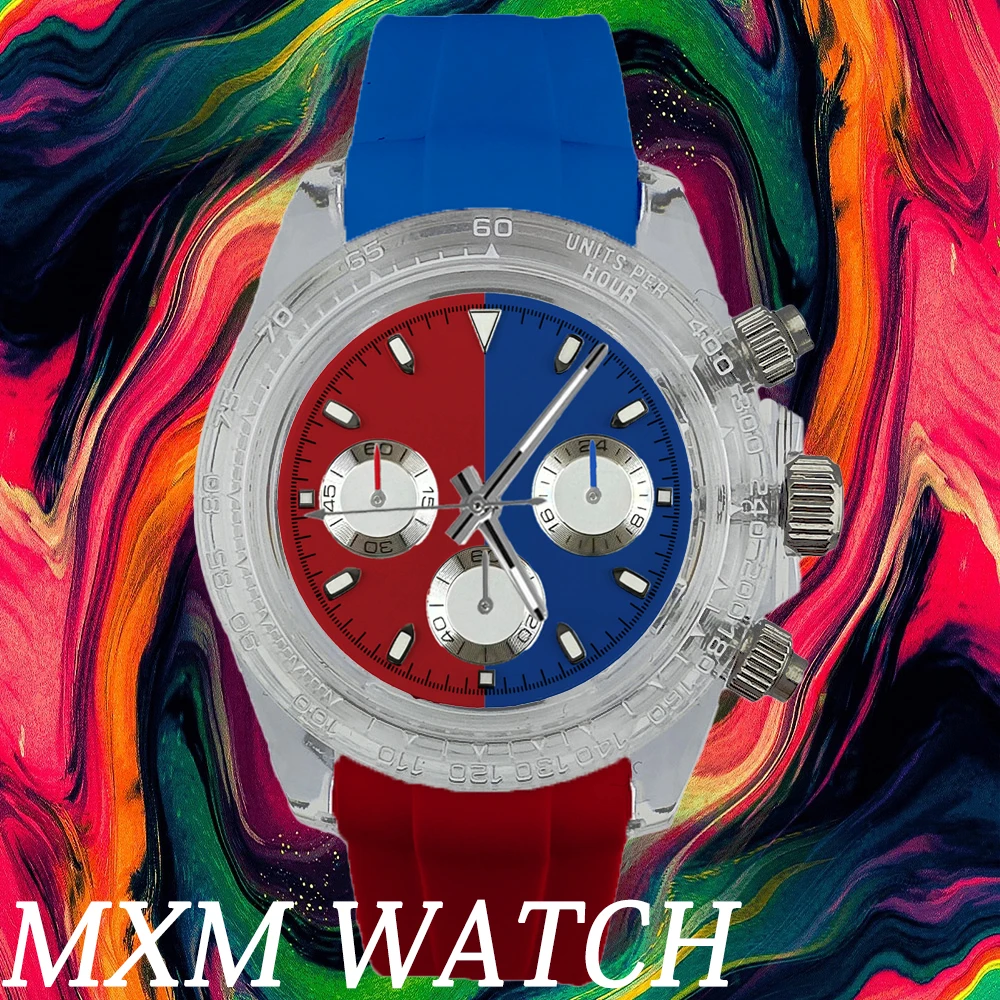 Relógios personalizados 39.3mm cronógrafo novo relógio modificado masculino caixa transparente de plástico cronógrafo vk63 relógios coloridos de luxo