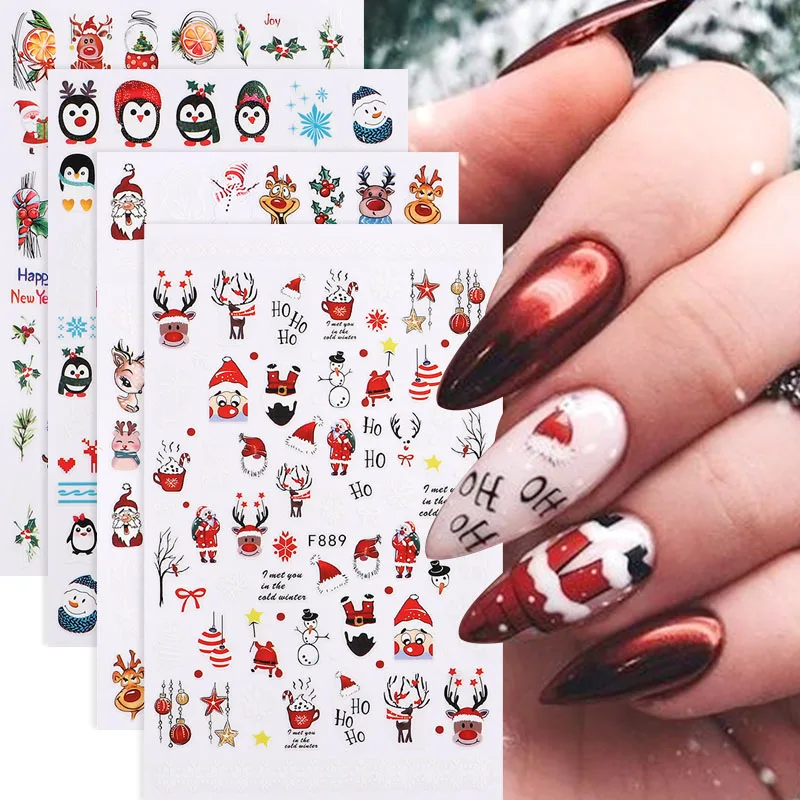 4 Uds. De pegatinas para uñas de Navidad y Año Nuevo, Papá Noel, pingüino, alce, acebo, rama de pino, deslizadores, pegatinas adhesivas para decoración de uñas de dibujos animados