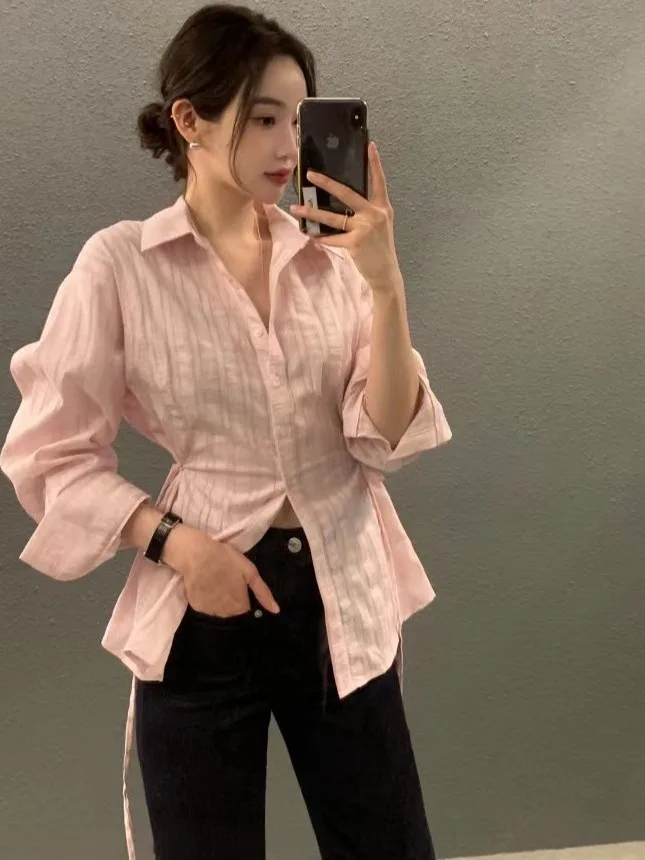 Ele Women's Long Sve irt Chic Design Striped Turn-down Collar Belted Slimming Trendy Breathable Polyester Fiber