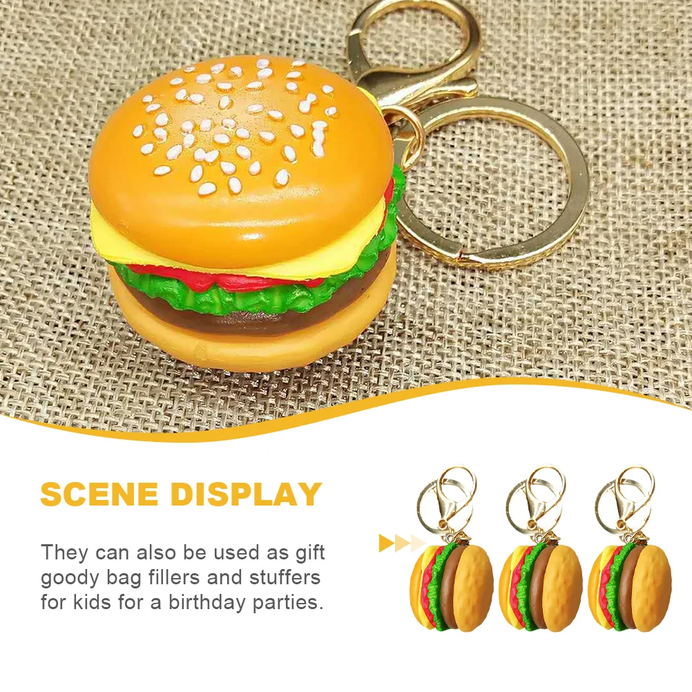 3 Pcs Car Key Chain Hamburger Keychain Charm Ring Rings Miniature Alloy Keyring Pendants Golden Keychains Bag Hanging