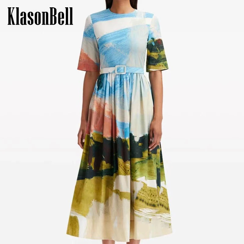 

5.21 KlasonBell Cotton Oil Painting Print O-Neck Sashes Collect Waist Midi Dress Elegant Short Sleeve Beach Holiday Dress Women