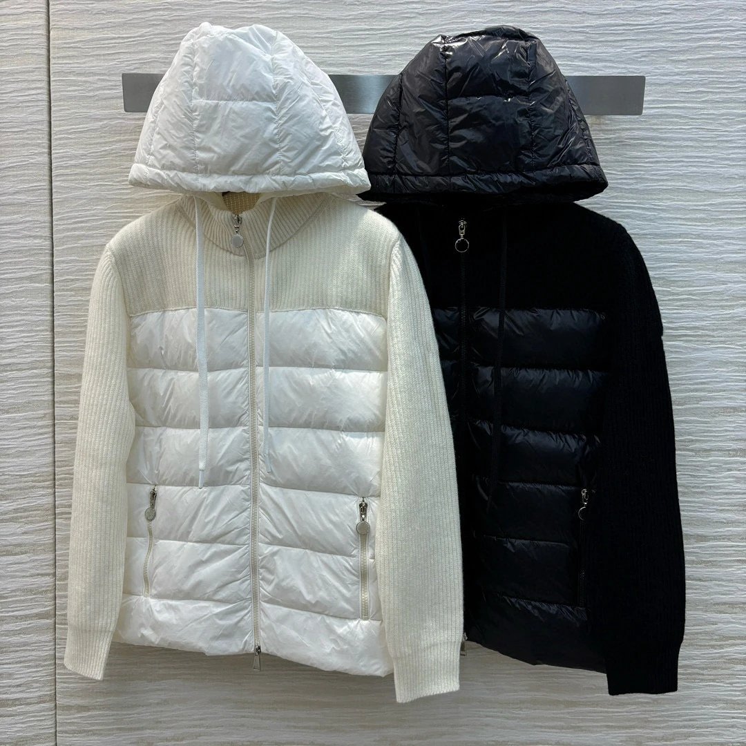 Autumn and winter new female hooded patchwork knitted down jacket warm slim casual fashion all matching single product