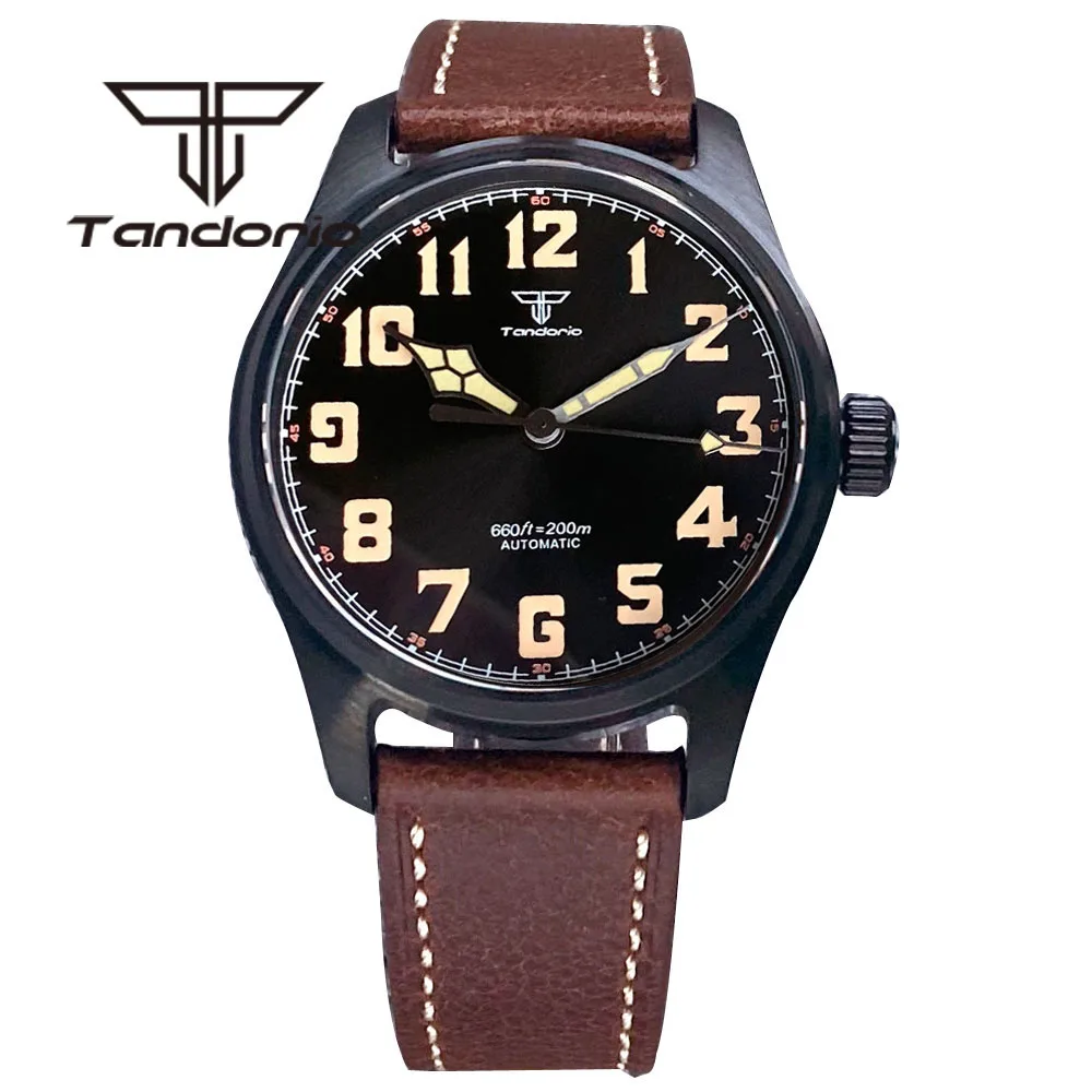 Imagem -03 - Relógio de Mergulho Automático Tandorio Masculino Vidro Safira Pvd Preto Pulseira de Couro Vidro Luminoso Verde 39 mm 200m Nh35a Pt5000