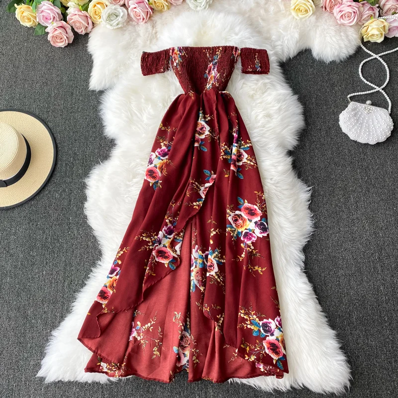 

Fashionable temperament, shoulder bra, floral dress, summer sexy and slim, open cut off shoulder banquet dress, long dress