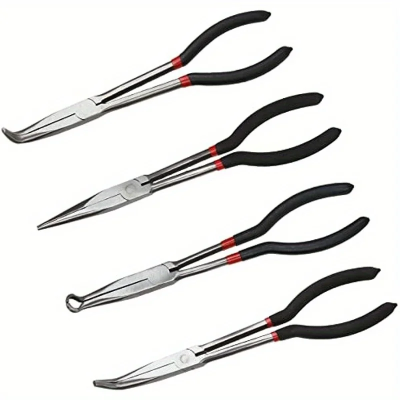 4Pcs Set 11 Inch Needle Nose Pliers Set Long Nose Pliers Set Straight Long 45 90 Deg Needle Pliers and Long Reach Circ