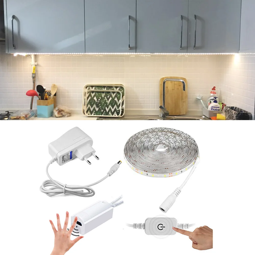 LED Strip Light For Kitchen 110V 220V To 12V LED Strips Touch Dimmer / Hand Sweep Motion Sensor Control Waterproof Ribbon Tape