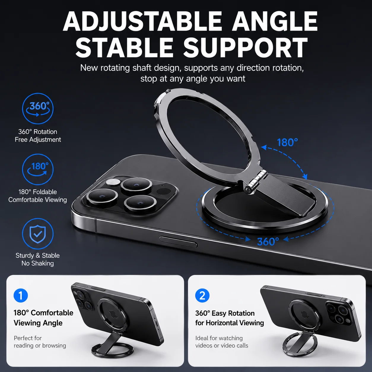Support magnétique pour téléphone 360 °   Support de téléphone rotatif et pliable à double face en alliage d'aluminium avec aimant puissant pour smartphones MagSafe