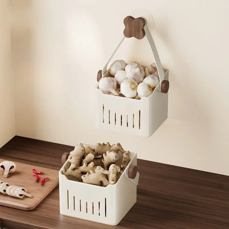 Walnut wood kitchen onion, garlic and ginger storage box suction cup shelf wall hanging basket no punch 3