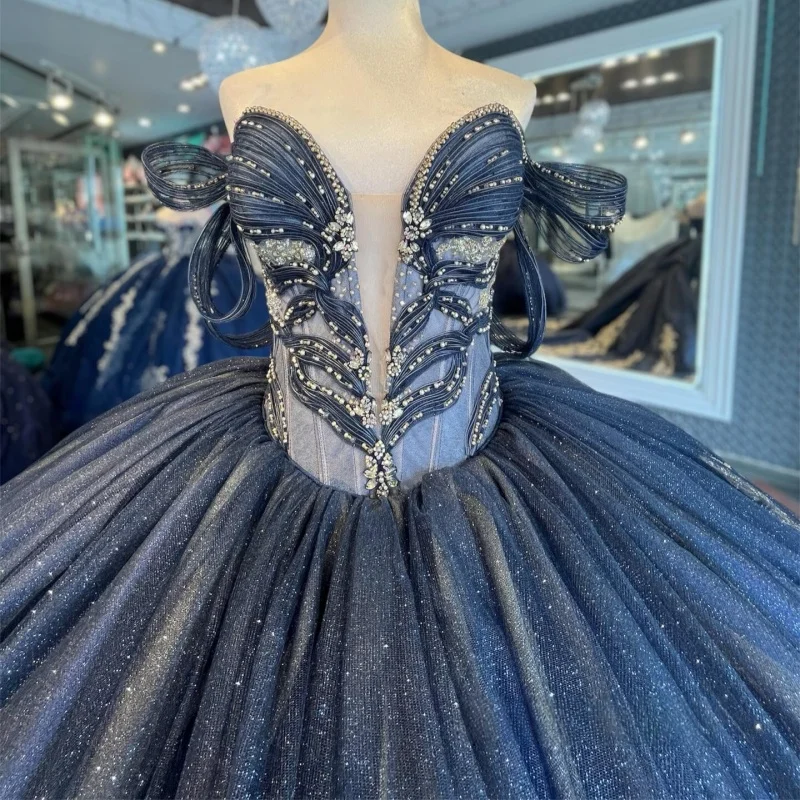 

Shiny Dark Blue Quinceanera Dresses Off the Shoulder Golden Glitter Lace Decal Long tail Vestido e 15 Quinceanera Customize
