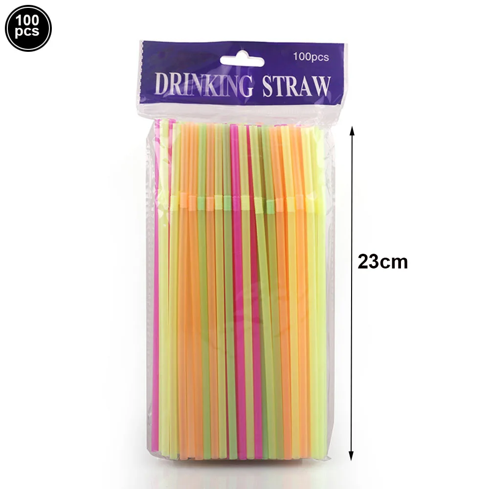 100pcs Neon Colored Plastic Drinking Straws Glow in UV Flexible Disposable Friendly Bendy Straws Glow Birthday Party Supplies