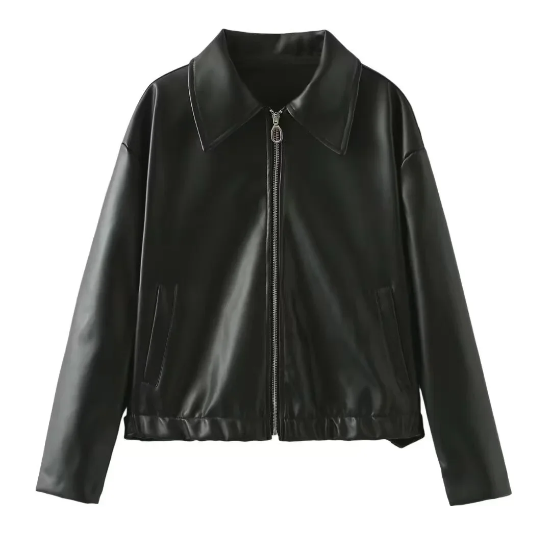 Veste en cuir pour femme, streetwear, décontracté, noir, nouvelle collection 2024