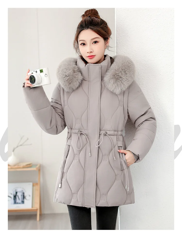 Simple Solid Color Large Fur Collar Hooded Removable Long-sleeved Down Cotton Jacket Women's 2025 Winter Thickened Warm Jacket