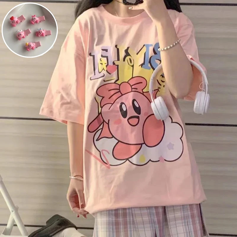 Summer Japanese Cartoon Printing Tshirt Women Harajuku Kawaii Girl Pink Loose Cotton Short T Shirt Top Female Student Clothes