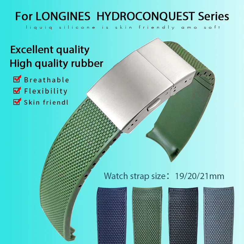 19mm 20mm 21mm Curved End Rubber Silicone Watchband for Longines Conquest HydroConquest L3.782 VHP Strap Black Soft Watch Band