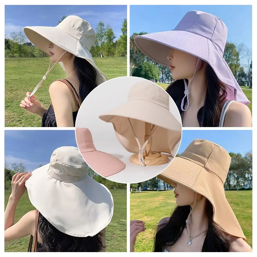 Summer Hats For Women Outdoor UV Anti Neck Protection Sun Visors For Lady Fishing Hiking Wide Brim Shawl Sunscreen Ponytail Cap