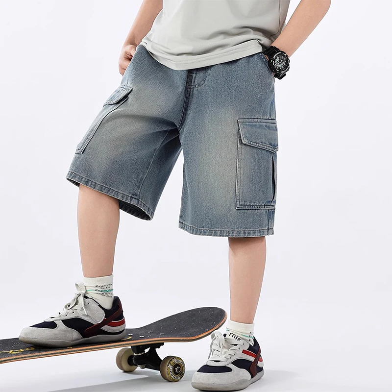 Summer Teen Boys Denim Shorts Fashion Solid Color Big Pocket Thin Jeans Pants For 4-14 Years Kids Children Casual Trousers image 2