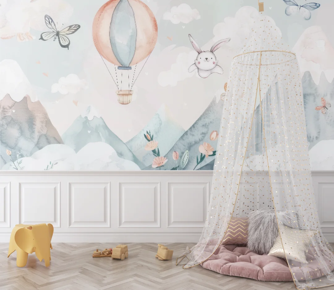 Customized baby room mural cartoon hot air balloon pink blue children's room wallpaper decoration mural