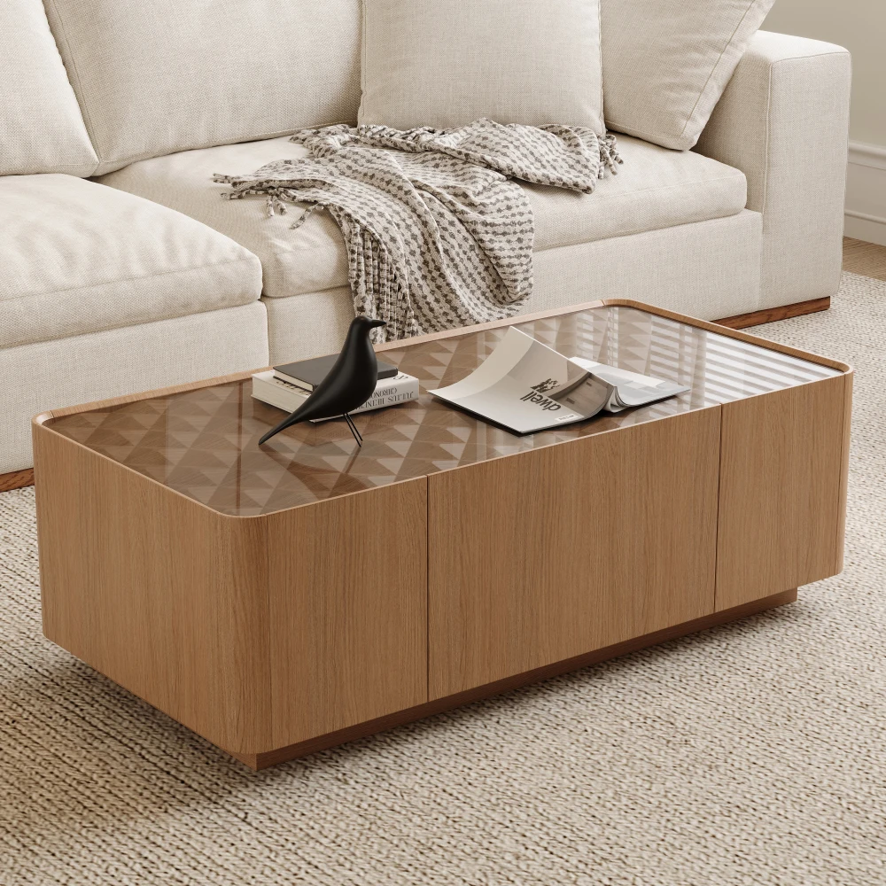 Mid-Century Modern Glass Top Coffee Table,Rectangular Center Table with Hidden Storage Drawers Living Room Storage Coffee Table