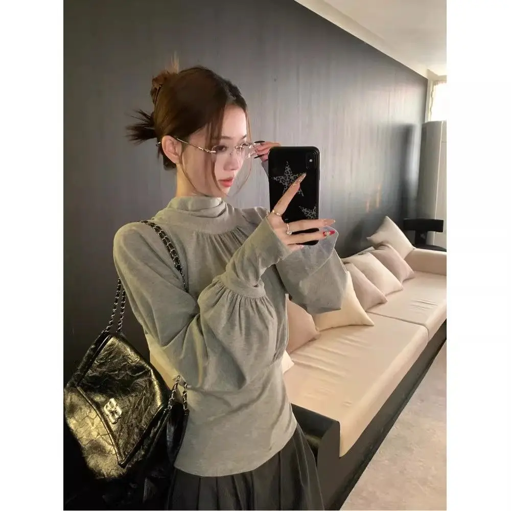 Women Korean Style Y2k Waist Tie Long Sleeve Top Autumn Spring New Relaxed Elegant Outer Wear Slim Fit T-shirt