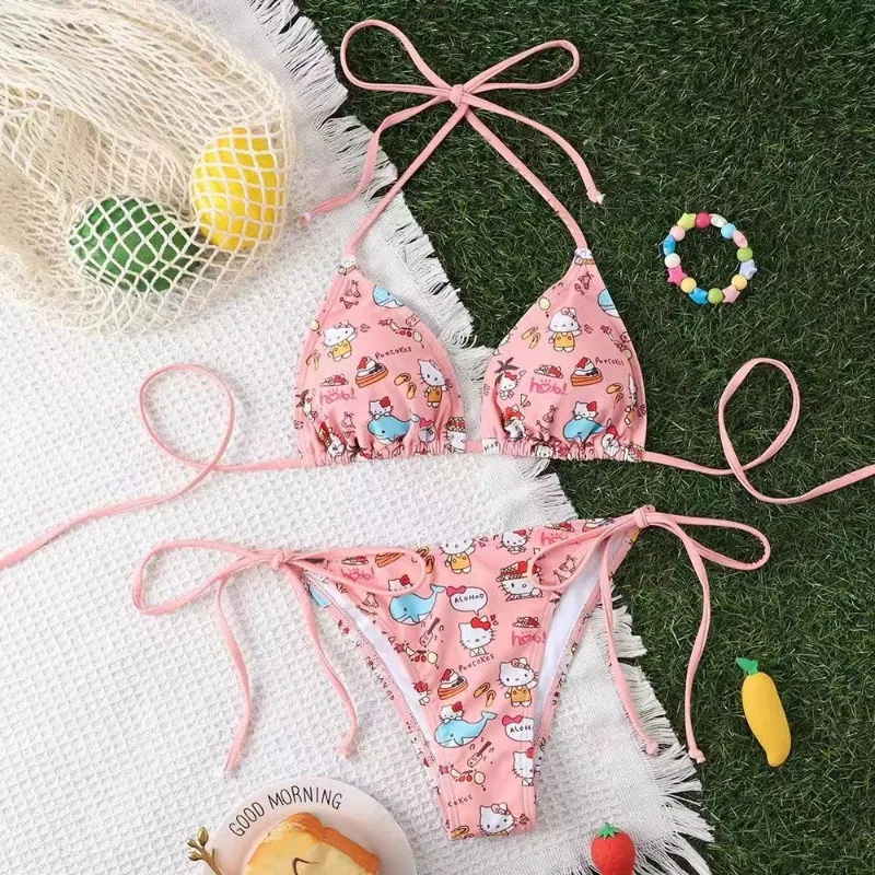 Sanrio-Conjunto de bañador de Hello Kitty para mujer, traje de baño de dibujos animados, Cinnamoroll, Bikini de playa, ropa interior con correa lateral, Tanga Sexy de verano