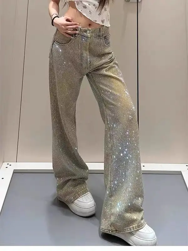 Spicy Girl Design Full of Diamond Jeans, Women's Spring and Autumn New Style, Personalized Starry Sky Straight Leg Long Pants